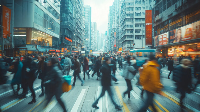 Busy hong kong street scene with pedestrians crossing the road in a bustling urban environment today