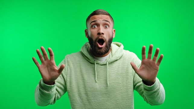 A man on a green screen reacts with wide-eyed shock, mouth agape and hands raised in a gesture of surprise - Powered by Adobe