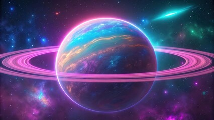 Fototapeta premium Vibrant ringed planet in a colorful nebula with stars