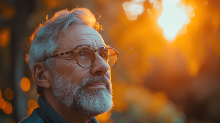 Pensive older man gazes optimistically upwards into a bright, hopeful future bathed in golden light.