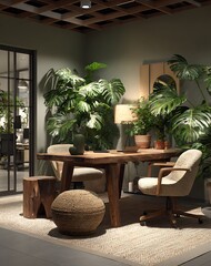 Modern Office Interior Design with Rustic Wooden Table and Abundant Greenery