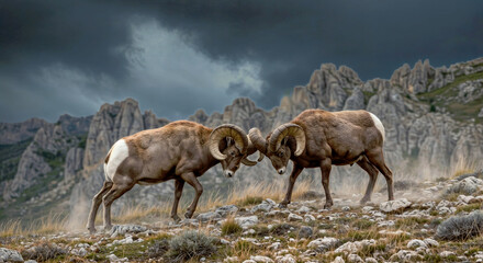 two strong mouflons, Ovis aries orientalis, fight on a rocky mountain slope