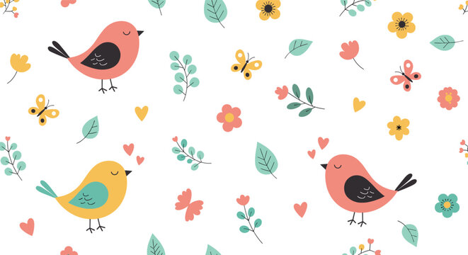 Charming watercolor birds and blooming flowers pattern