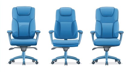 Fototapeta premium Three blue office chairs, front view