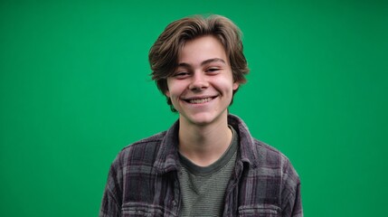 Fototapeta premium Young person smiles with genuine happiness directly at the viewer, set against a vibrant green screen backdrop