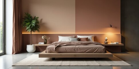 Sleek platform bed, muted tones, geometric art , neutral colors, minimalist design, decor