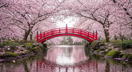 a beautiful red japanese bridge surrounded by pink cherry blossom trees