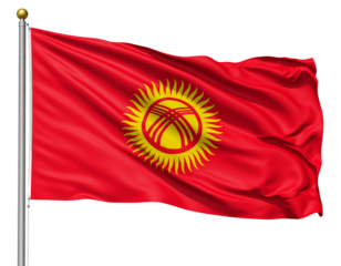 Waving Kyrgyzstan Flag with Yellow Sun and Tunduk Emblem, Side View in Wind, Isolated PNG.