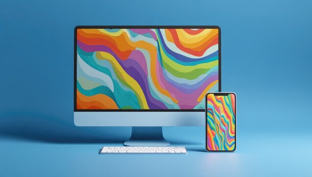 Colorful digital art display on a computer and phone