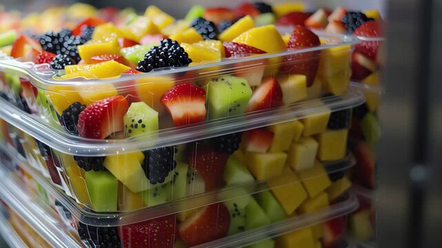 Colorful prepackaged fruit salads displayed in clear plastic containers in a refrigerator, Plastic boxes with pre packaged fruit salads, put up for sale in a commercial refrigerator
