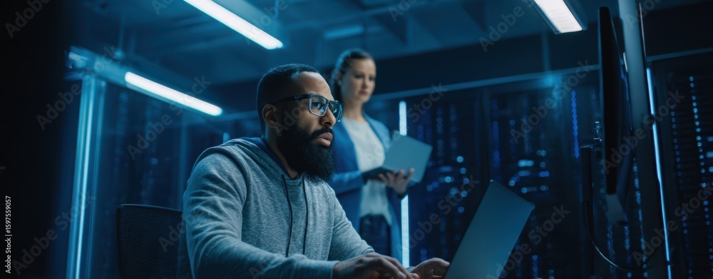 Poster the focused programmer collaborating in a modern tech workspace environment.