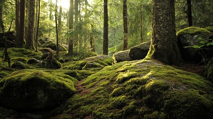 Lush forest floor, mossy rocks, sunlight filtering through trees