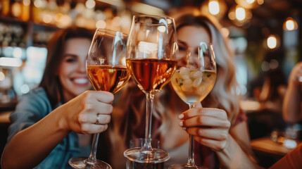 Celebrating with drinks: Two women joyfully toasting with glasses of wine in a warm and inviting atmosphere.
