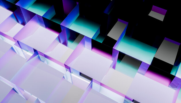 Abstract 3d render of geometric cubes with reflections and purple light