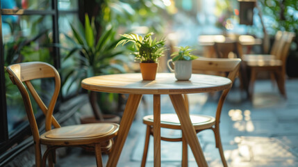 Cozy outdoor seating area with wooden chairs and plants, inviting atmosphere for relaxation and refreshment.