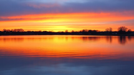 Vibrant sunset reflecting on still lake