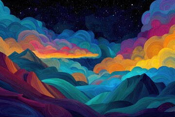 Colorful, stylized mountain range scene with vibrant clouds and starry night