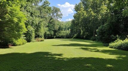 Obraz premium Lush green lawn stretches between leafy trees under a partly cloudy sky