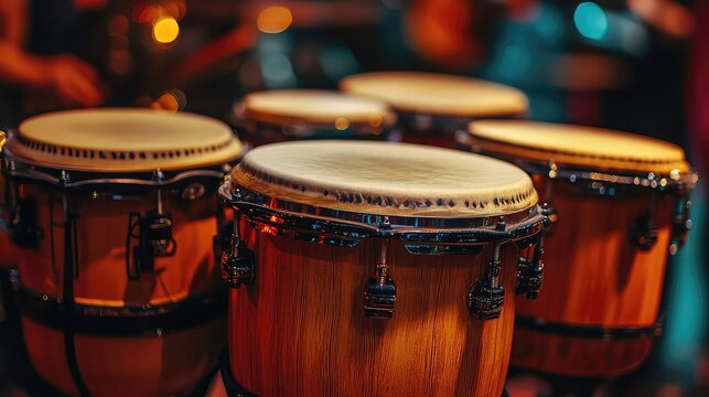 Percussion instruments ensemble including drums, cymbals, congas, and bongos, dynamic arrangement, rhythmic energy conveyed, warm lighting enhancing textures, music performance essentials