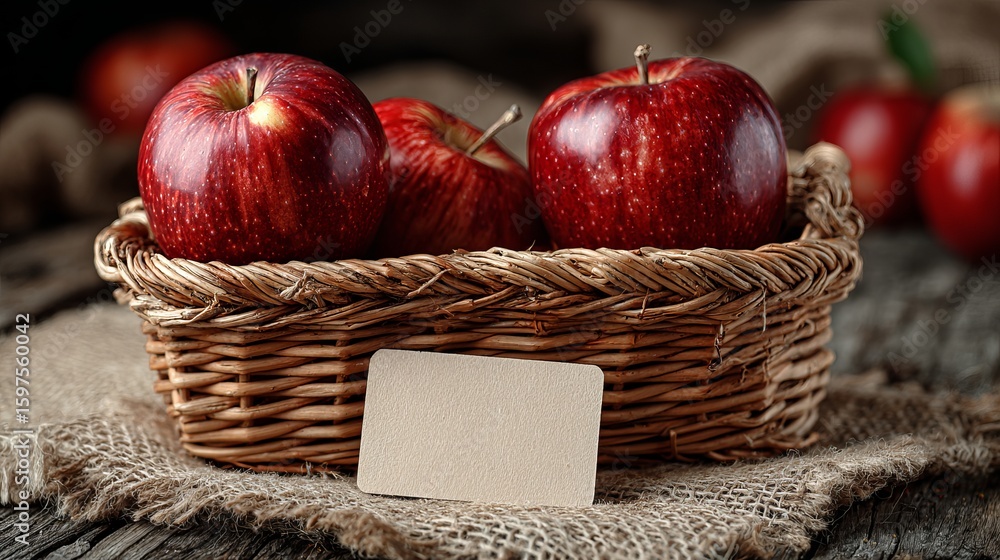Poster fresh red apples in a rustic basket with blank tag for your message create autumn harvest appeal