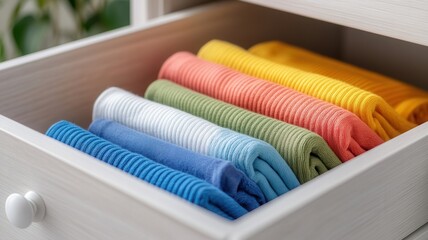 Neatly clothing folded stacks creating organized color coded arrangement inside home drawer maximizing storage efficiency