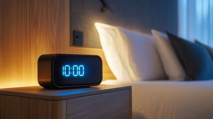 Round digital alarm clock displaying suggests am, placed 10,00 bedside table in contemporary hotel room, on a relaxing morning