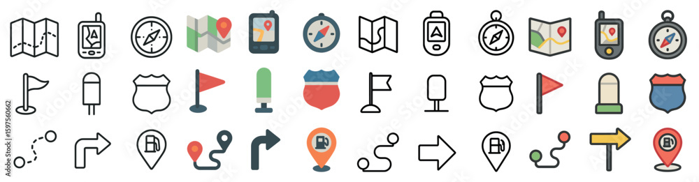 Poster travel and navigation icons set – line, outline, map and direction symbols