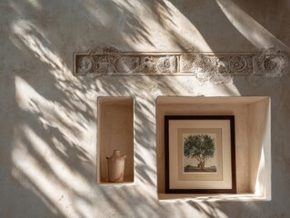 A framed picture of a tree is on a shelf. A vase is on a shelf next to the picture