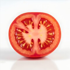 Red half of a tomato in a close-up studio shot. Fresh cut vegetable reflecting on a white surface. Healthy eating ingredient