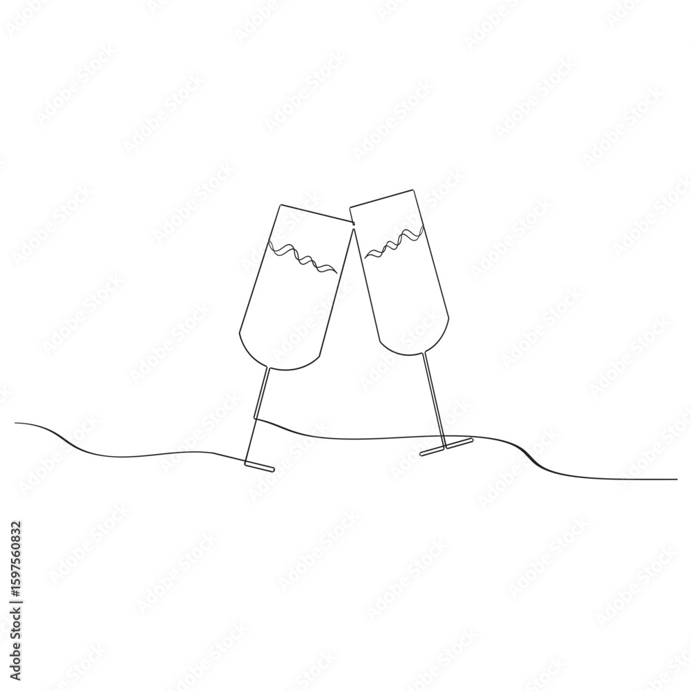 Poster continuous one line drawing of two glasses of red wine. toast and cheers with splash in simple linea