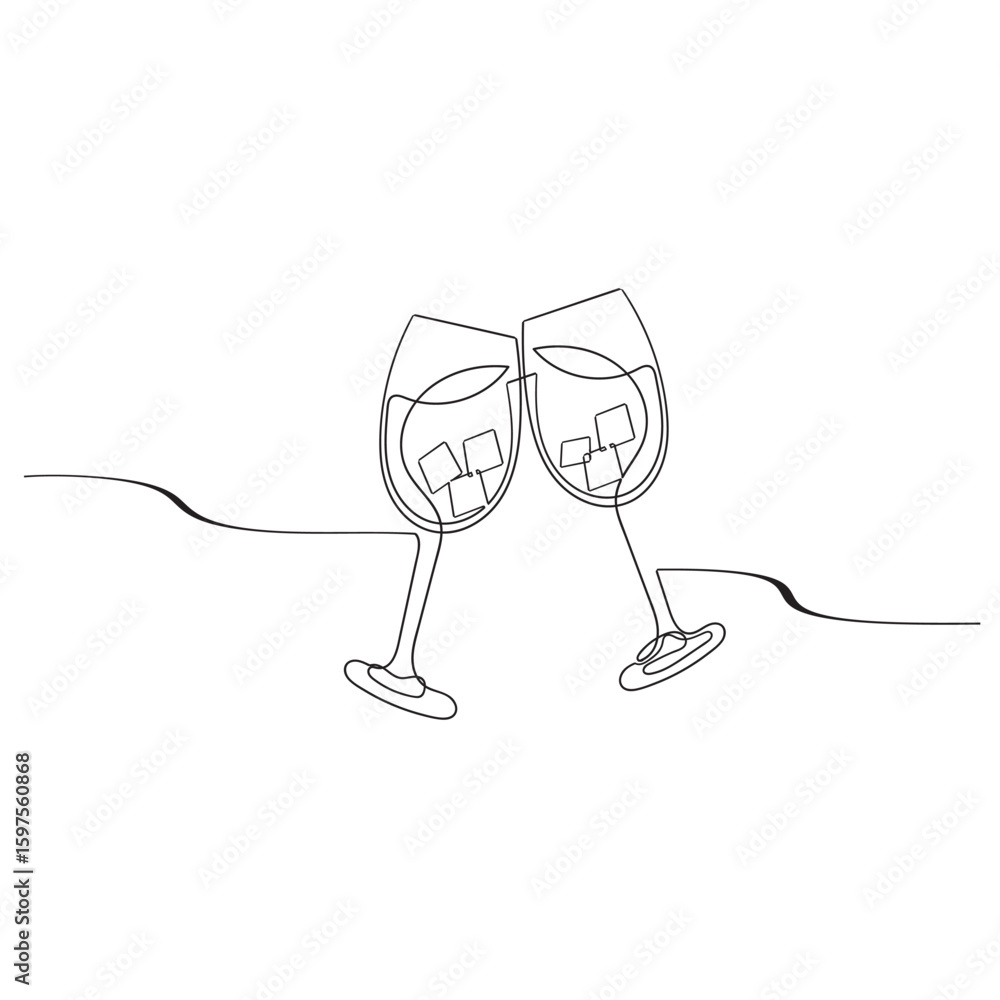 Poster continuous one line drawing of two glasses of red wine. toast and cheers with splash in simple linea