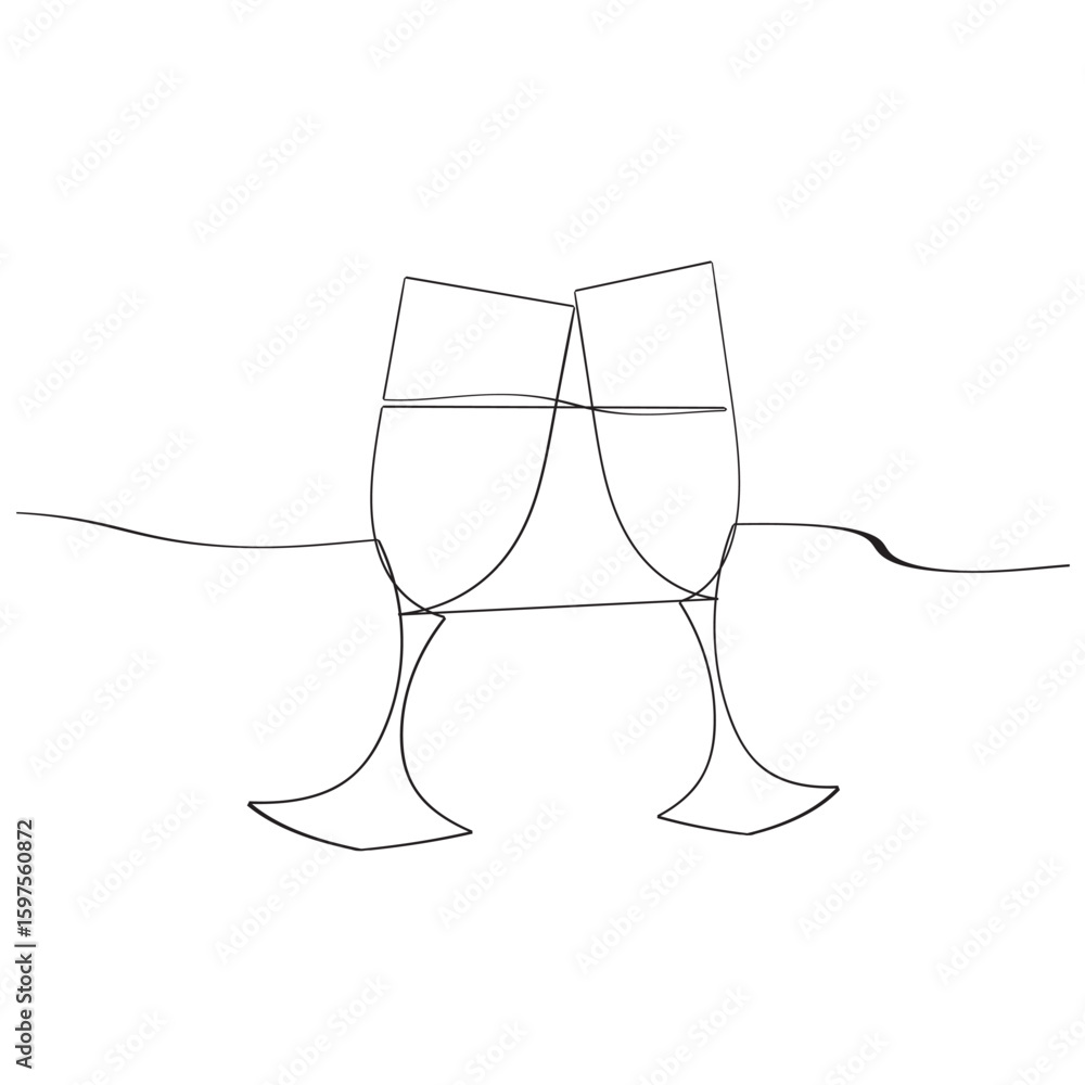 Poster continuous one line drawing of two glasses of red wine. toast and cheers with splash in simple linea