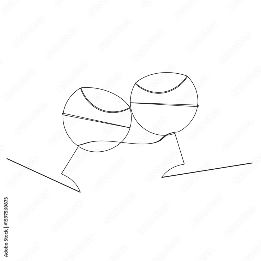 Poster continuous one line drawing of two glasses of red wine. toast and cheers with splash in simple linea