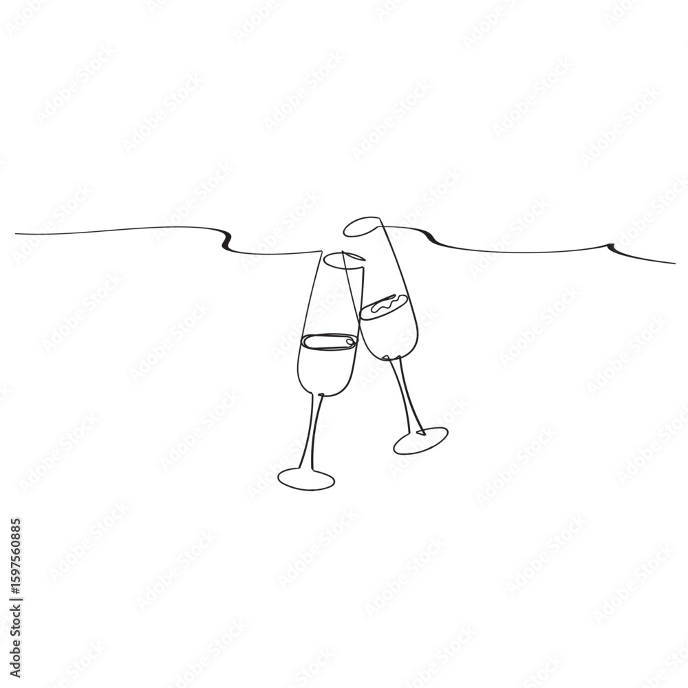 Poster continuous one line drawing of two glasses of red wine. toast and cheers with splash in simple linea