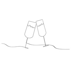 Continuous one line drawing of two glasses of red wine. Toast and cheers with splash in simple linear style. Alcohol and cocktail drink menu in editable stroke. Doodle vector illustration