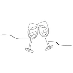 Continuous one line drawing of two glasses of red wine. Toast and cheers with splash in simple linear style. Alcohol and cocktail drink menu in editable stroke. Doodle vector illustration