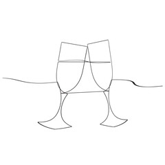Continuous one line drawing of two glasses of red wine. Toast and cheers with splash in simple linear style. Alcohol and cocktail drink menu in editable stroke. Doodle vector illustration