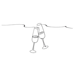 Continuous one line drawing of two glasses of red wine. Toast and cheers with splash in simple linear style. Alcohol and cocktail drink menu in editable stroke. Doodle vector illustration