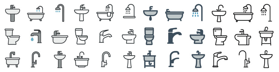 Bathroom and plumbing outline icons set – linear, silhouette, water and fixtures symbols