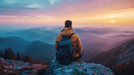 Naklejka premium Mountain Vista Meditation: A lone hiker enjoying a peaceful moment amidst rolling mountains at sunset.