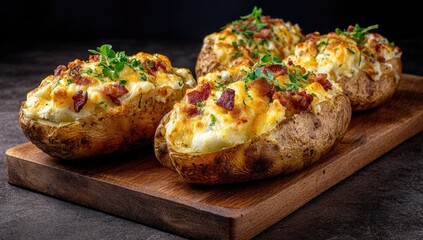 Fototapeta premium Four baked potatoes, stuffed with cheesy bacon mixture, sit on a wooden board