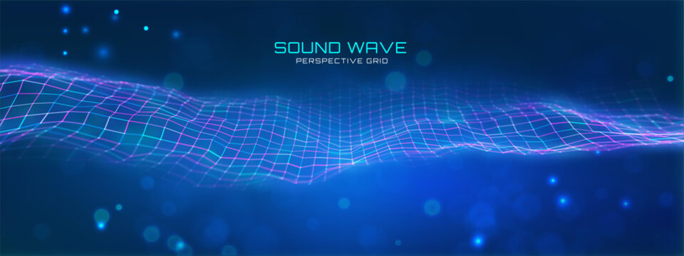 AI sound wave with digital tech lines and abstract data vector patterns. 3D blue light effects for music equalizers or voice technology concepts. Futuristic neural waveforms for conference.