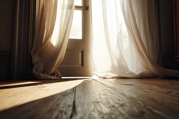 Sunlight streams through sheer curtains onto a wooden floor (1)