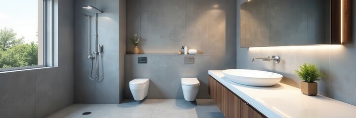 Fototapeta premium Modern bathroom, grey tiles & white countertop, upgrade, selection