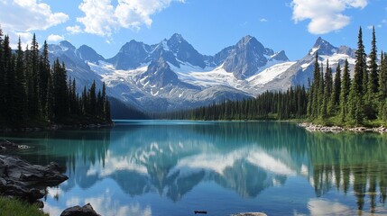 Serene alpine lake reflecting snow-capped mountains