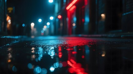 Rainy Night Street with Neon Lights Reflecting on Wet Pavement
