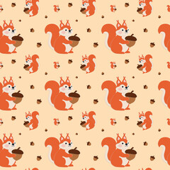 Squirrel holding acorn illustration paper cutout style isolated autumn fall theme seamless pattern vector