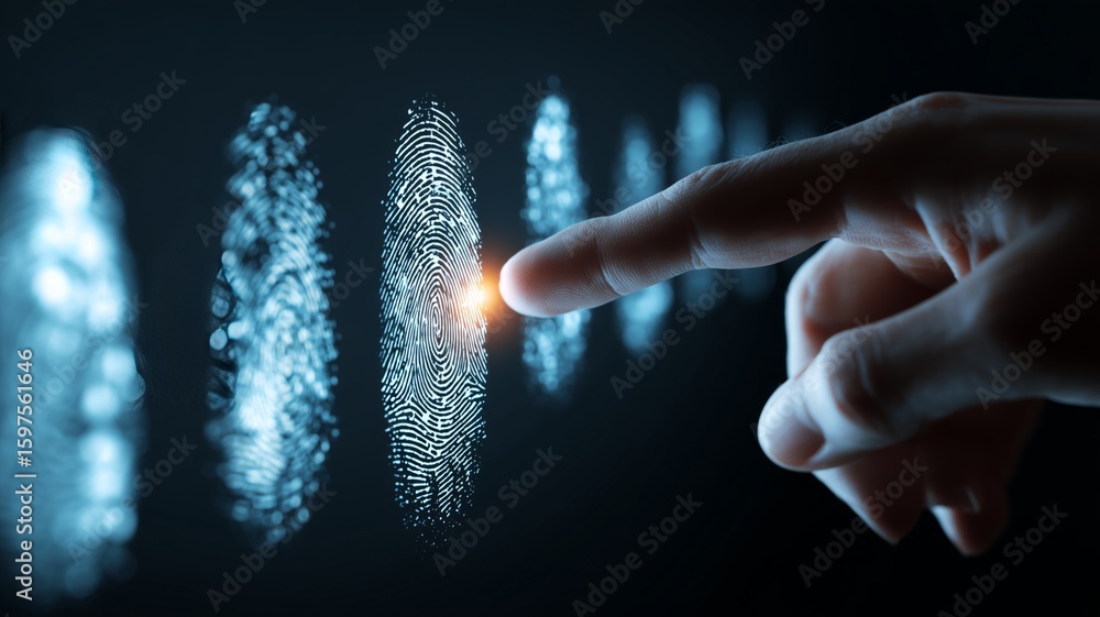 Poster exploring biometric technology with fingerprints and eye scanning for enhanced security measures