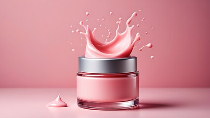 Pink Cream Jar with Splash and Smear Product Showcase for Cosmetic Advertising and Beauty Product Promotion