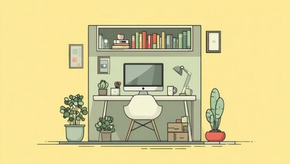 Minimalist home office illustration with a computer, books, and plants